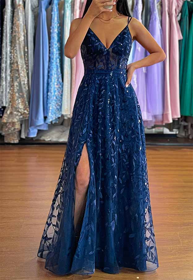 A-line V-Neck Spaghetti Straps Long Tulle Sequined Prom Dress with Spl 27dress A-line V-Neck Spaghetti Straps Long Tulle Sequined Prom Dress with Spl 27dress