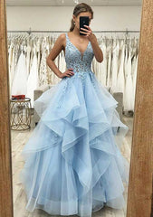 A-line V Neck Sleeveless Long Tulle Satin Prom Dress With Lace Appliqu¡§|-27dress