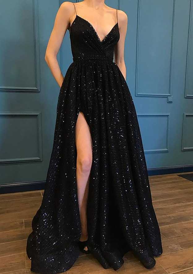A-Line V-Neck Sleeveless Metallic Yarn Sequined Long/Floor-Length Prom Dress With Split Pockets-27dress