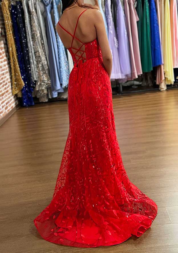 A-line V Neck Sleeveless Prom Dress with Sequins Split and Sweep Train Tulle-27dress