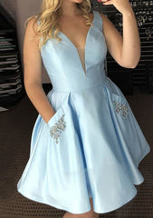 A-line V Neck Sleeveless Satin Short/Mini Homecoming Dress with Pockets and Beading - 27Dress