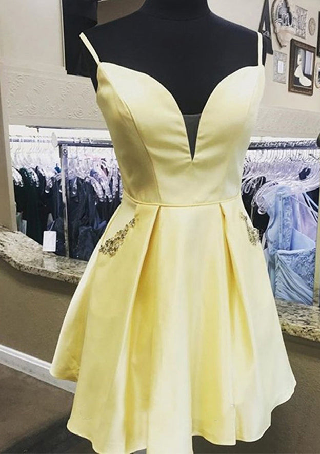 A-line V Neck Sleeveless Satin Short/Mini Homecoming Dress with Pockets and Beading - 27Dress