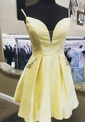 A-line V Neck Sleeveless Satin Short/Mini Homecoming Dress with Pockets and Beading - 27Dress