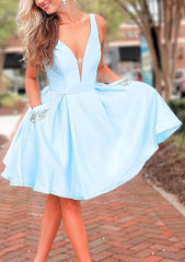A-line V Neck Sleeveless Satin Short/Mini Homecoming Dress with Pockets and Beading - 27Dress