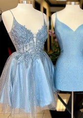 A-line V Neck Sleeveless Short/Mini Tulle Homecoming Dress with Appliqued Beading Glitter - 27Dress