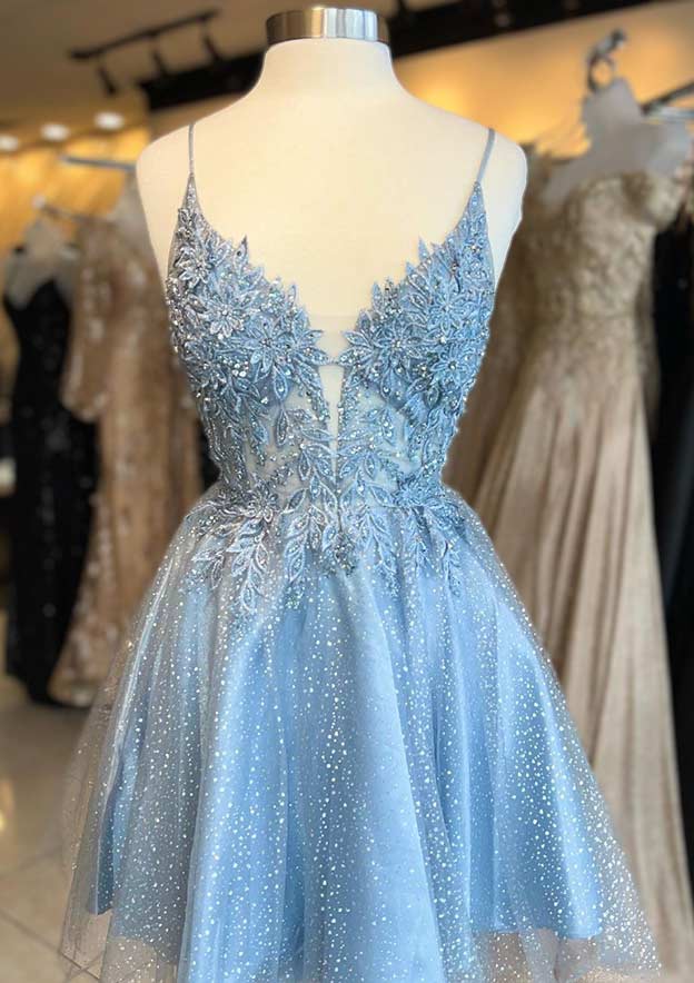 A-line V Neck Sleeveless Short/Mini Tulle Homecoming Dress with Appliqued Beading Glitter - 27Dress