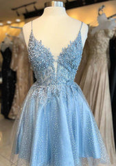 A-line V Neck Sleeveless Short/Mini Tulle Homecoming Dress with Appliqued Beading Glitter - 27Dress