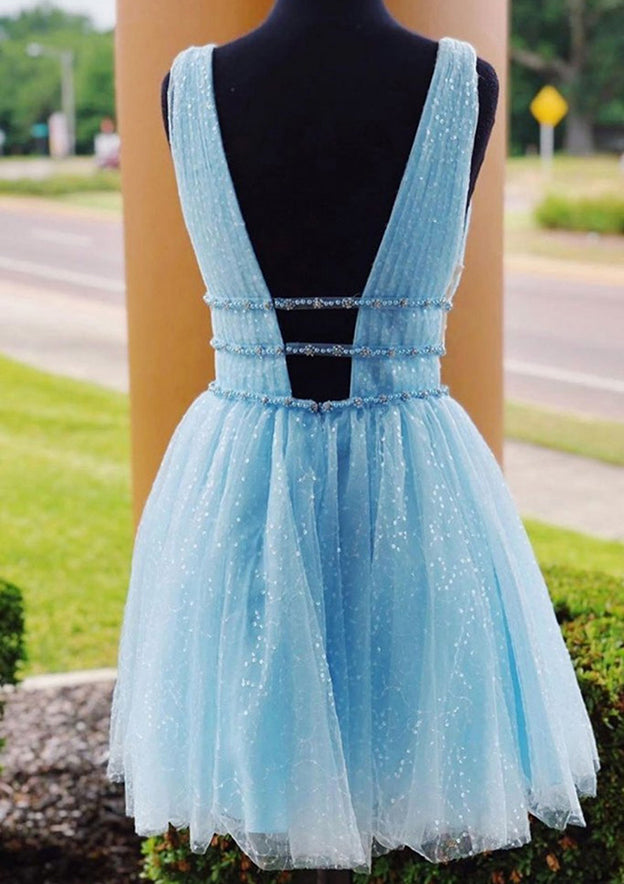 A-line V Neck Sleeveless Tulle Dress With Beading Glitter for Homecoming-27dress