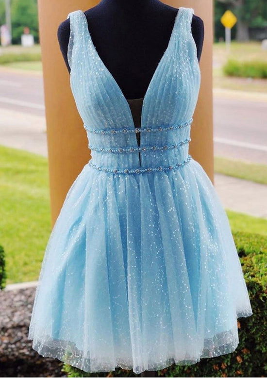 A-line V Neck Sleeveless Tulle Dress With Beading Glitter for Homecoming-27dress
