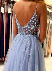 A-Line V-Neck Sleeveless Tulle Floor-Length Prom Dress With Beading-27dress
