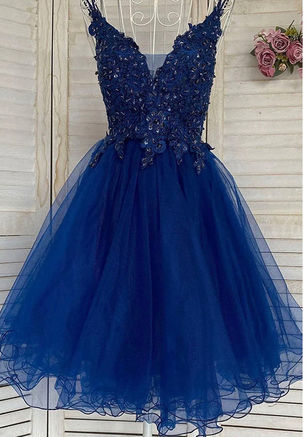 A-Line V-Neck Sleeveless Tulle Homecoming Dress with Beaded Appliques and Sequins-27dress