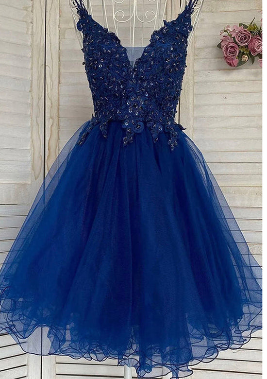 A-Line V-Neck Sleeveless Tulle Homecoming Dress with Beaded Appliques and Sequins-27dress
