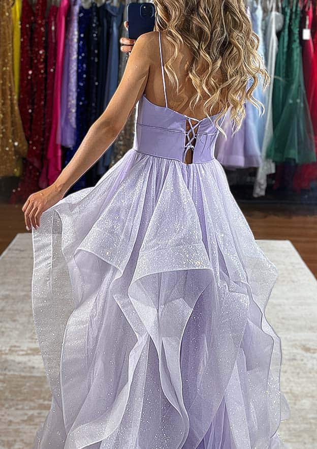 A-line V Neck Sleeveless Tulle Long Prom Dress with Ruffles Glitter-27dress