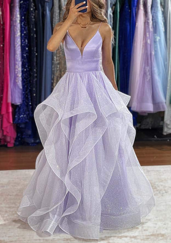 A-line V Neck Sleeveless Tulle Long Prom Dress with Ruffles Glitter-27dress