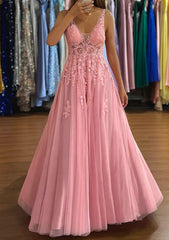A-line V Neck Sleeveless Tulle Prom Dress with Appliqued Beading-27dress