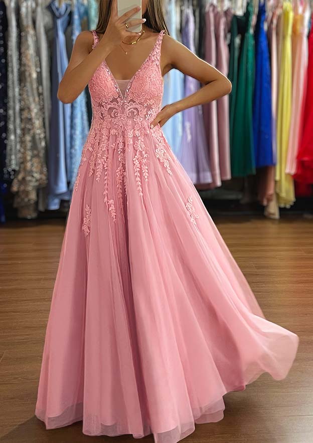 A-line V Neck Sleeveless Tulle Prom Dress with Appliqued Beading-27dress