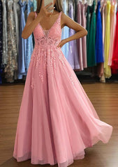 A-line V Neck Sleeveless Tulle Prom Dress with Appliqued Beading-27dress