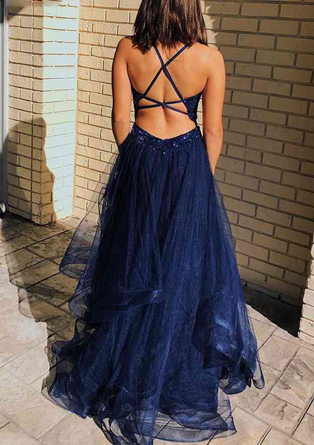 Load image into Gallery viewer, A-line V Neck Sleeveless Tulle Prom Dress With Appliqued Beading and Sweep Train-27dress
