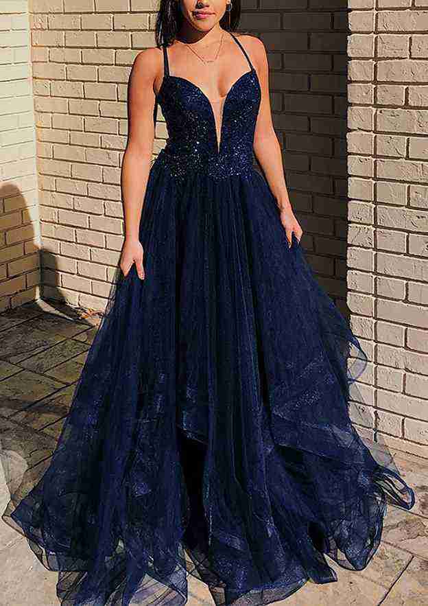 Load image into Gallery viewer, A-line V Neck Sleeveless Tulle Prom Dress With Appliqued Beading and Sweep Train-27dress
