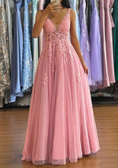 A-line V Neck Sleeveless Tulle Prom Dress with Appliqued Beading-27dress