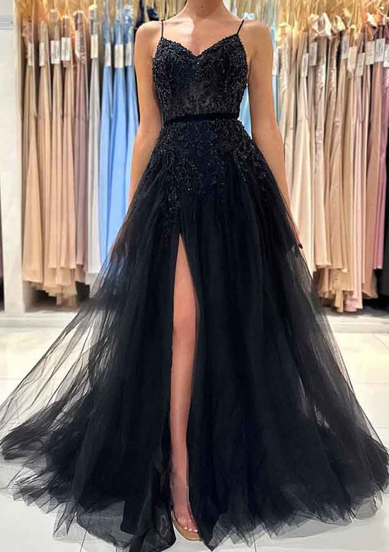 A-line V Neck Sleeveless Tulle Prom Dress with Beading Split and Floor-Length Style-27dress
