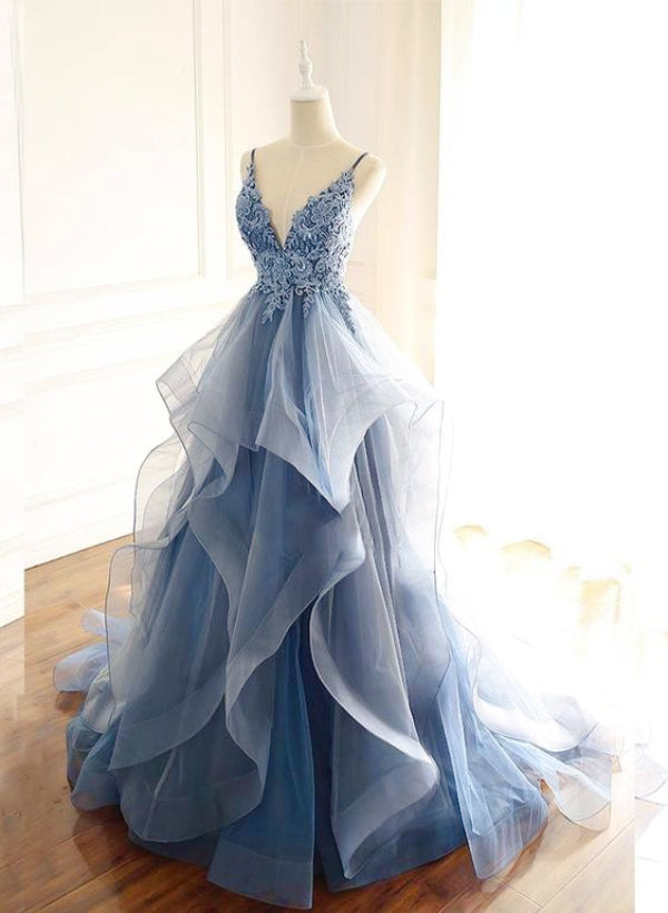 A-Line V-Neck Sleeveless Tulle Prom Dress With Lace Sweep Train-27dress