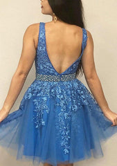 A-line V Neck Sleeveless Tulle Short Dress with Appliqued Beading Lace - 27Dress