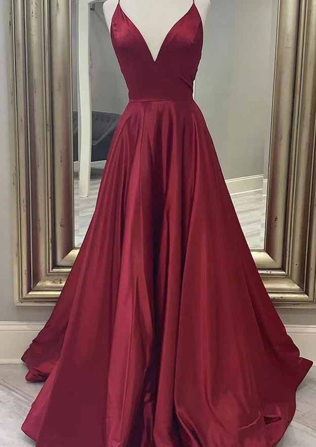 Load image into Gallery viewer, A-Line V-Neck Spaghetti Straps Charmeuse Prom Dress with Pockets-27dress
