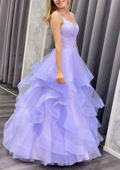 A-Line V-Neck Spaghetti Straps Long Prom Dress with Ruffles in Organza-27dress