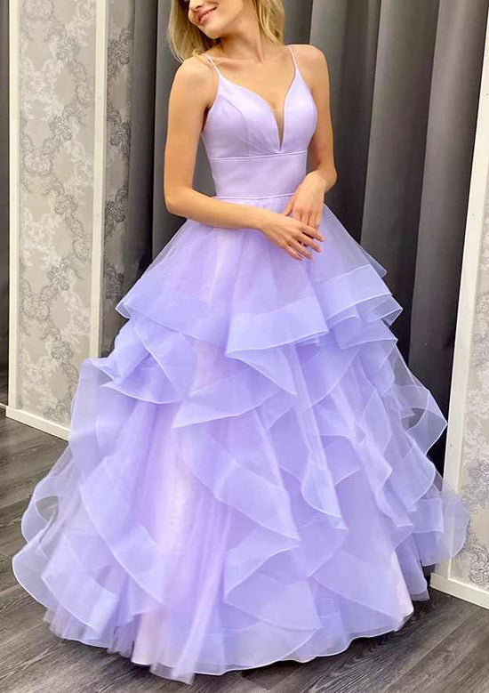 A-Line V-Neck Spaghetti Straps Long Prom Dress with Ruffles in Organza-27dress