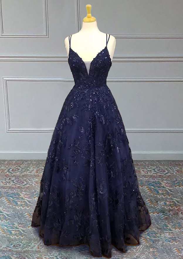 A-Line V Neck Spaghetti Straps Long Tulle Prom Dress with Appliqued Be ...