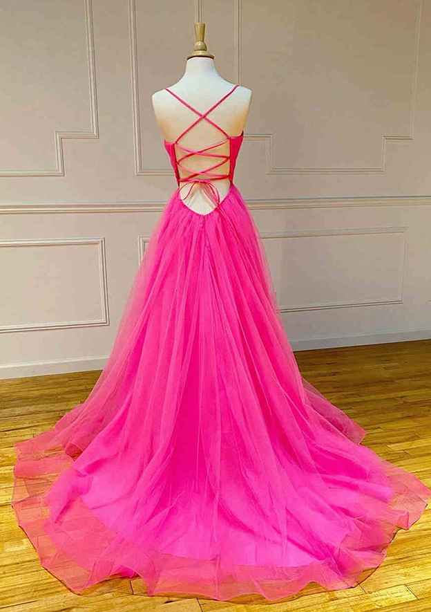 A-line V Neck Spaghetti Straps Sweep Train Tulle Prom Dress with Pleated Detail-27dress