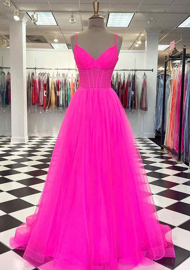 A-line V Neck Spaghetti Straps Sweep Train Tulle Prom Dress with Pleated Detail-27dress