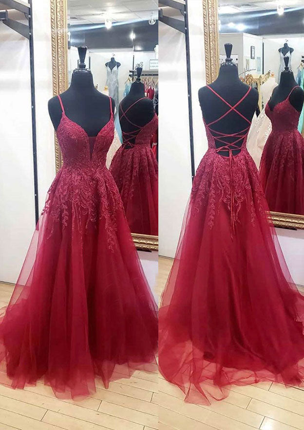 A-Line V Neck Tulle Prom Dress With Appliqued Lace and Chapel Train-27dress