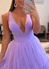 A-line V Neck Tulle Prom Dress with Ruffles & Regular Straps - Long/Floor-Length-27dress