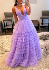 A-line V Neck Tulle Prom Dress with Ruffles & Regular Straps - Long/Floor-Length-27dress