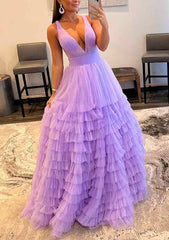 A-line V Neck Tulle Prom Dress with Ruffles & Regular Straps - Long/Floor-Length-27dress
