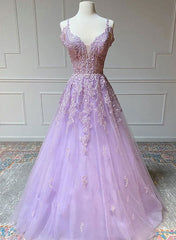 A-Line V-Neck Tulle Spaghetti Straps Floor-Length Prom Dress-27dress