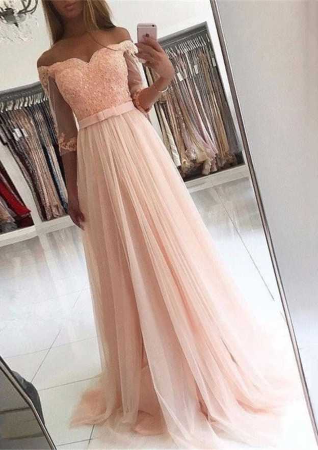 A-Line/Princess Off-The-Shoulder Tulle Prom Dress with Lace Waistband and Sweep Train-27dress