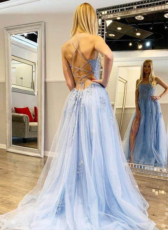 A-Line/Princess Tulle Halter Sleeveless Sweep Train Prom Dress with Split Front Appliques Lace-27dress