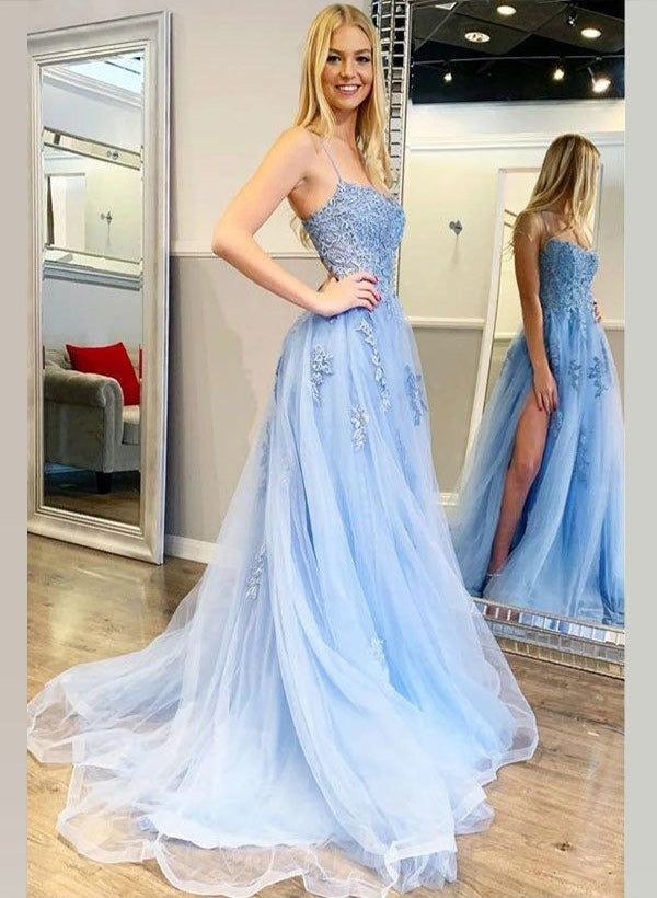 Load image into Gallery viewer, A-Line/Princess Tulle Halter Sleeveless Sweep Train Prom Dress with Split Front Appliques Lace-27dress
