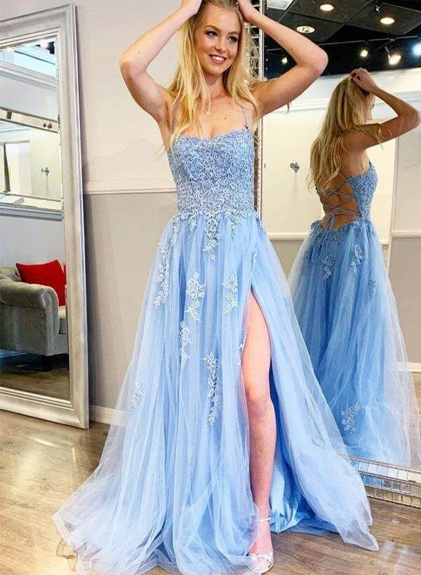 A-Line Halter Tulle Backless Long Split Front Prom Dress with Applique 27dress A-Line Halter Tulle Backless Long Split Front Prom Dress with Applique 27dress