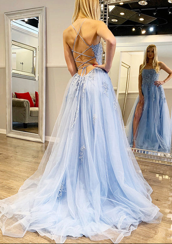 A-line/Princess Tulle Prom Dress with Split Lace Appliqued Sleeveless Sweep Train-27dress