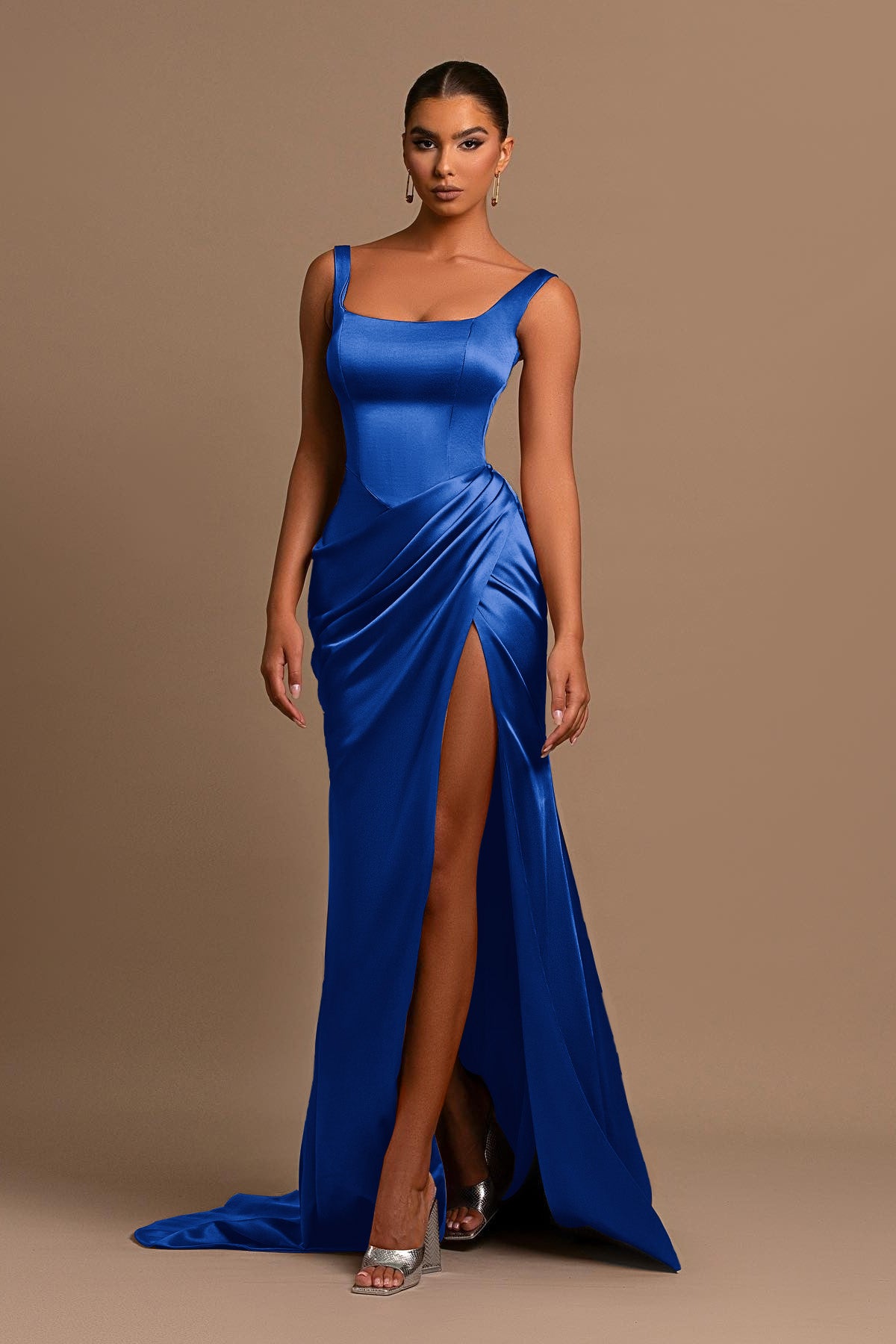 Gorgeous Lotus Root Pink Ball Gown Evening Dress Wide Shoulder Straps Square Neckline Pleated Slit