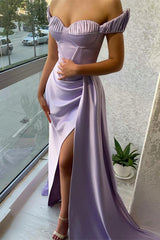 Stunning Lilac Off-the-Shoulder Evening Dress Long Split with Ruffle