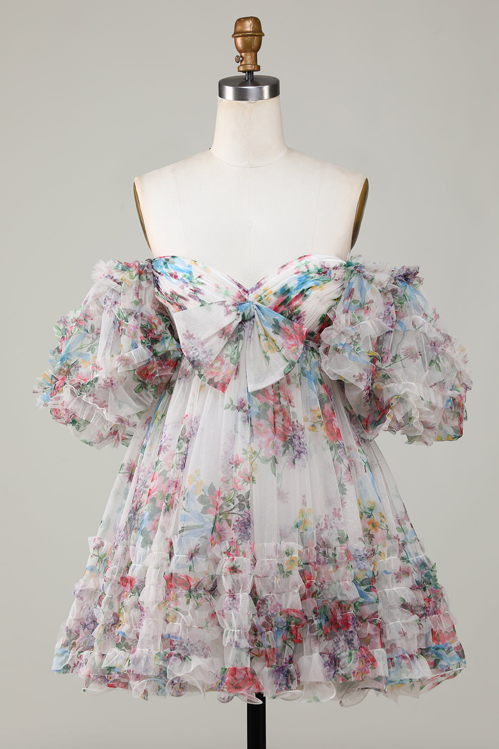 Fuchsia Puff Sleeves A-Line Floral Short Homecoming Dress with Ruffles