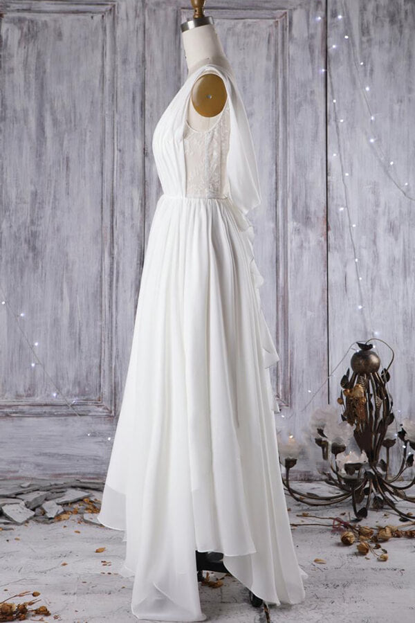 Affordable Asymmetric Chiffon Wedding Dress Lace Appliques Ruffles Bridal Gowns On Sale-27dress