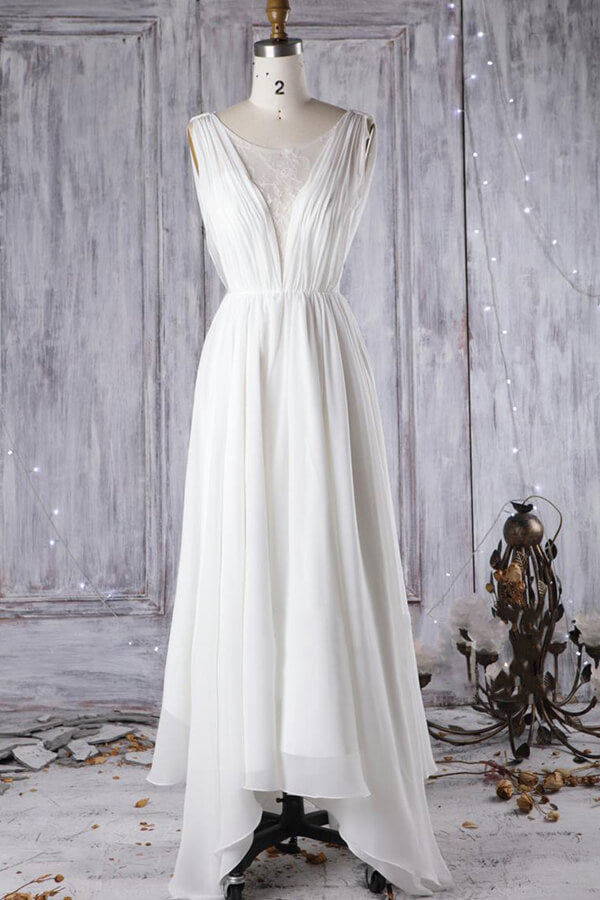 Affordable Asymmetric Chiffon Wedding Dress Lace Appliques Ruffles Bridal Gowns On Sale-27dress