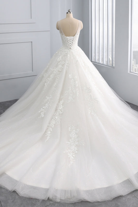 Affordable Ball Gown Jewel Tulle Lace Wedding Dress Ruffles Sleeveless Appliques Bridal Gowns Online-27dress