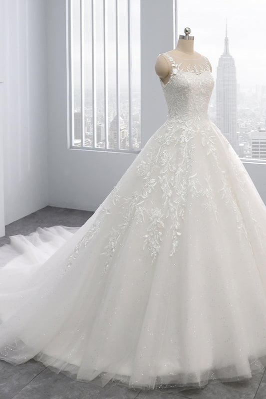 Load image into Gallery viewer, Affordable Ball Gown Jewel Tulle Lace Wedding Dress Ruffles Sleeveless Appliques Bridal Gowns Online-27dress
